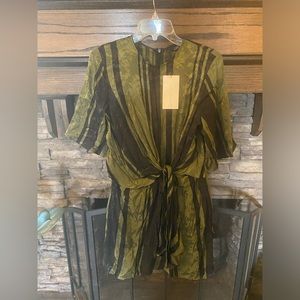 Zara Dress Green And Black Size Small Satin Stripe Float Knee Length